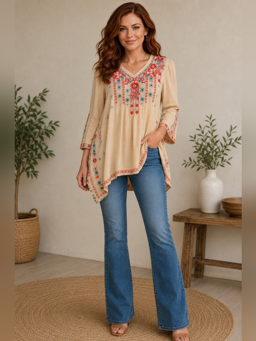 NWT Paparazzi Embroidered V-neck Tunic Blouse Tan Red Size S